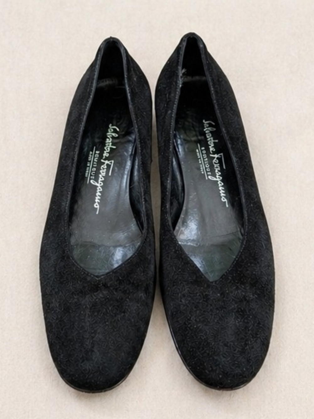 Vintage Salvatore Ferragamo Black Suede Embossed Women's Flats